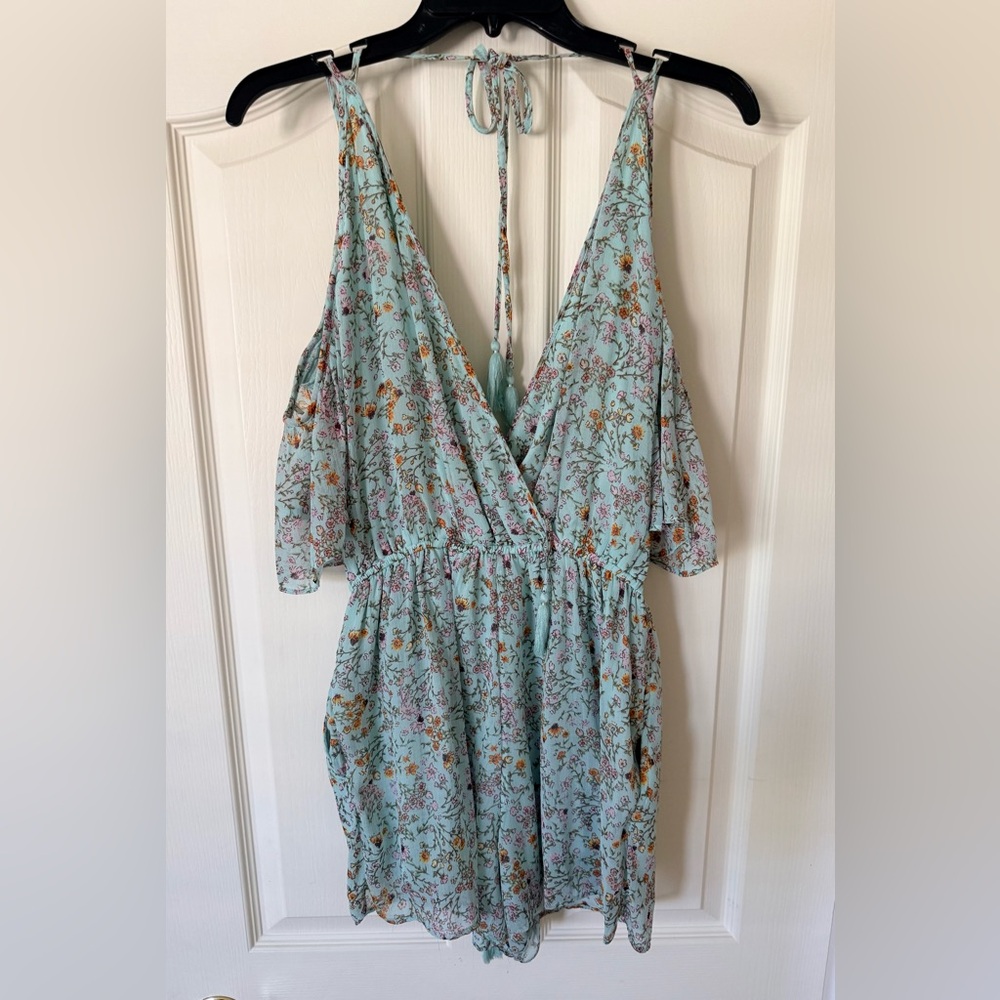 American Eagle Outfitters Mint Floral Tie-Back Romper